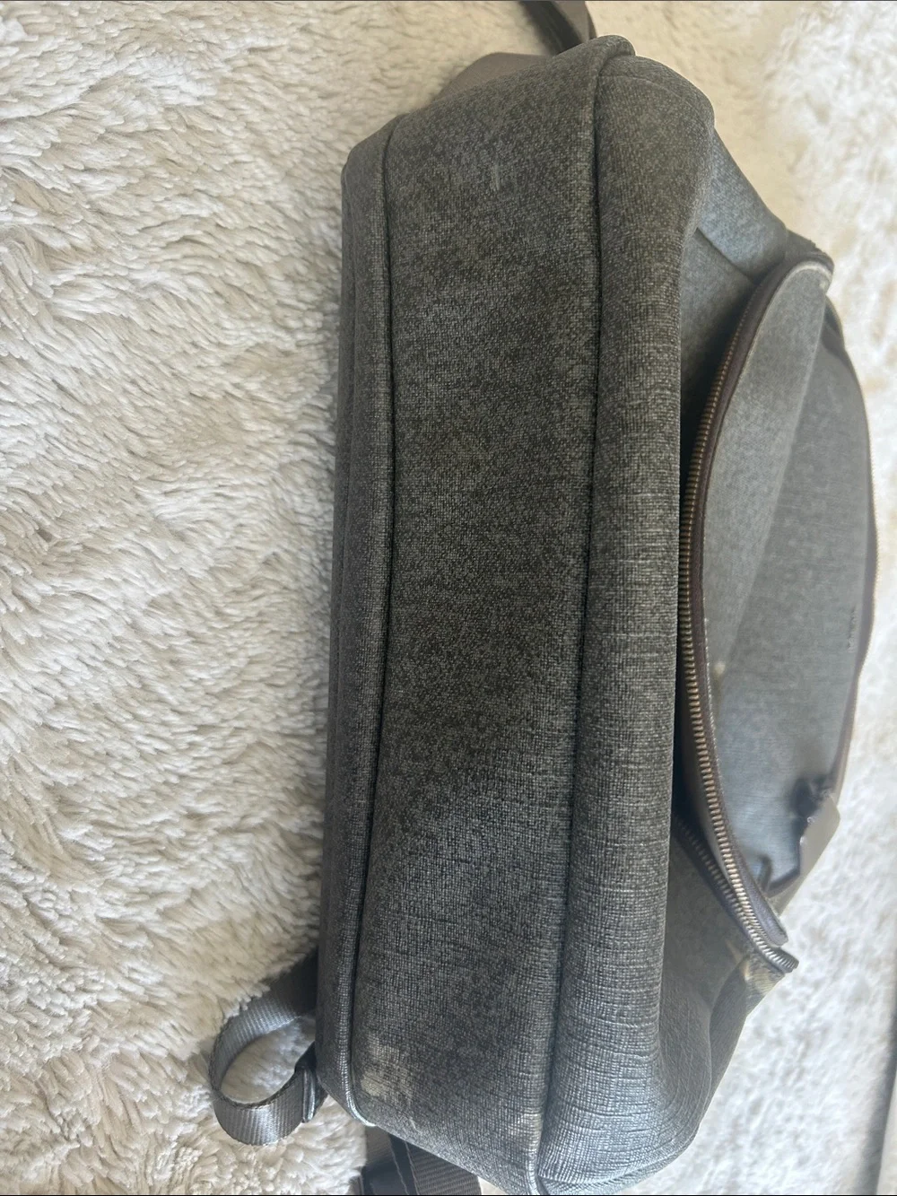 Tumi Gray Backpack with Leather Trim and Monogram Tag